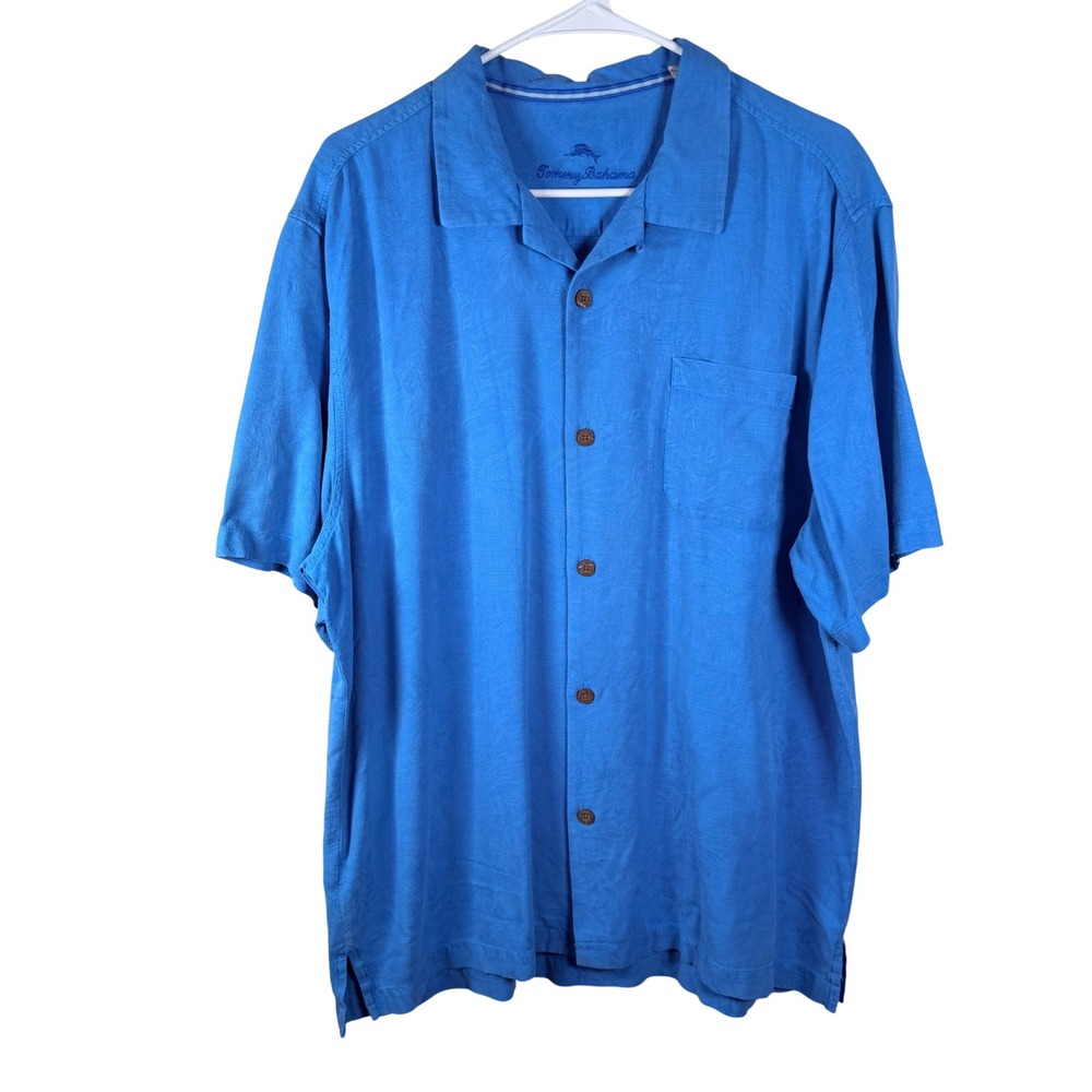 Tommy Bahama Mens XL 100% Silk Tropical Jacquard Short Sleeve Camp Shirt Blue